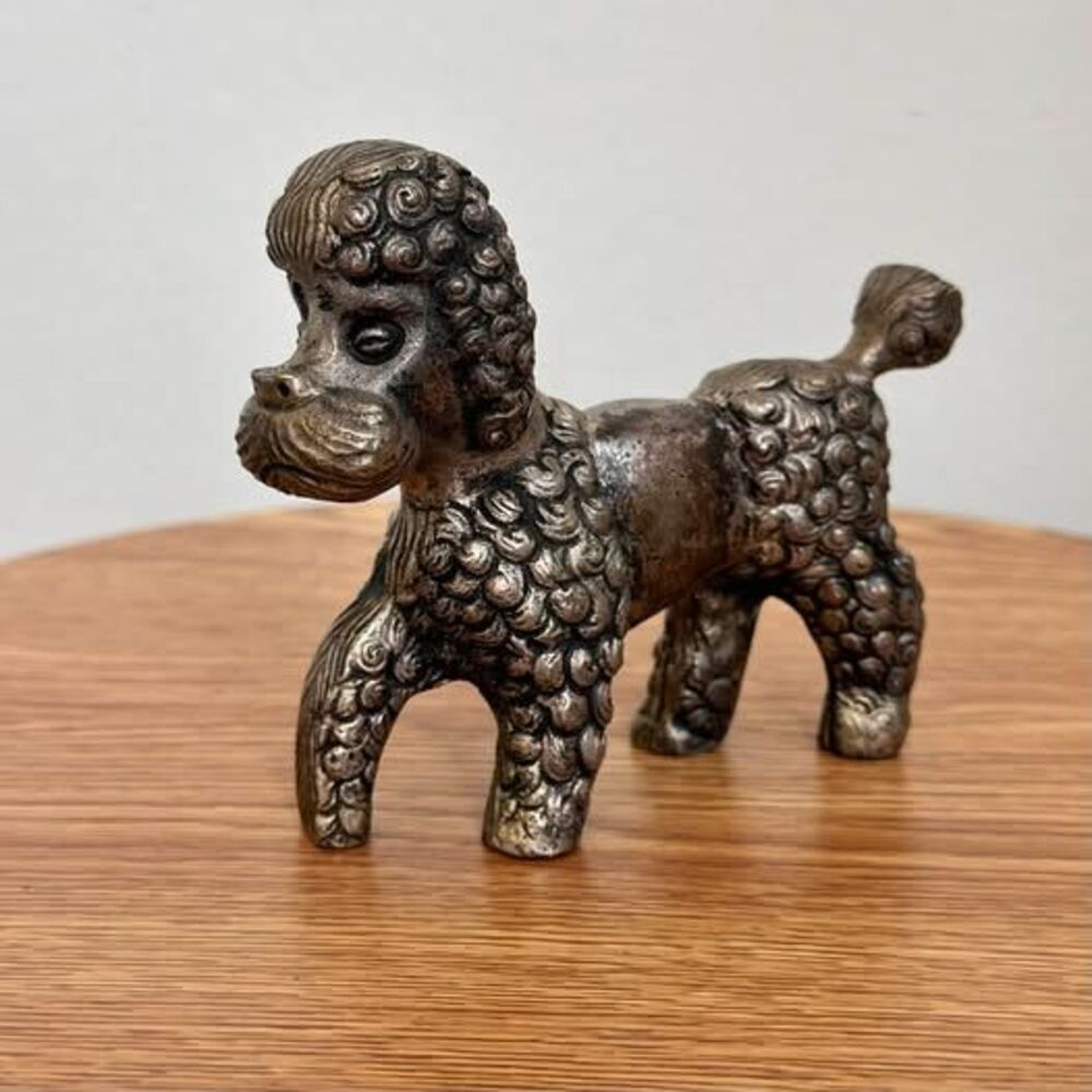 Vintage Mid-Century Silvered Metal French Poodle Figurine – 1950s Decor